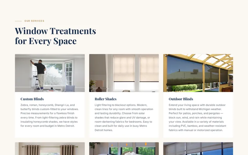 Detroit Blinds Co. services section on desktop