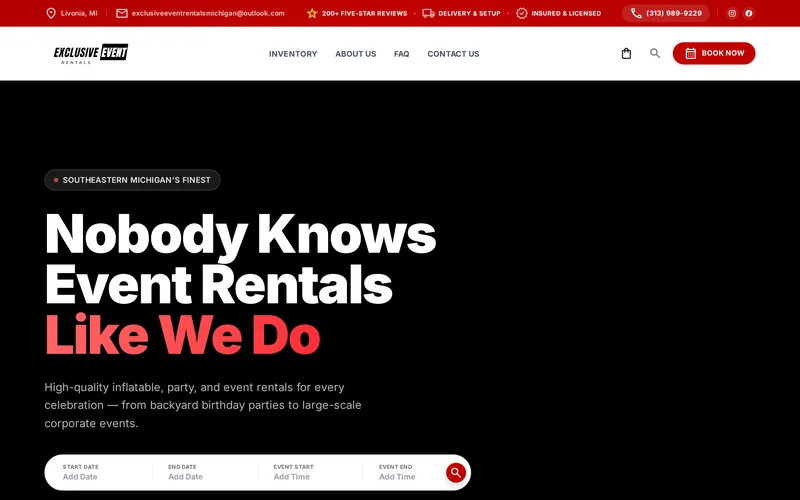 Exclusive Event Rentals homepage on desktop