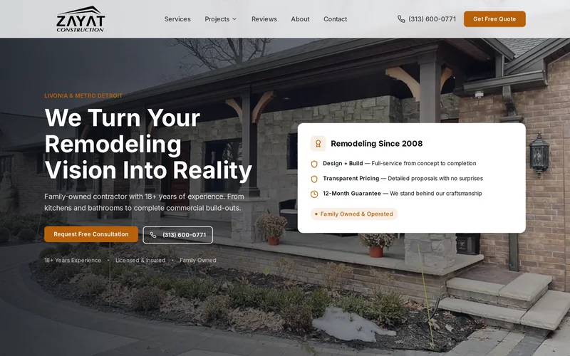 Zayat Construction homepage on desktop