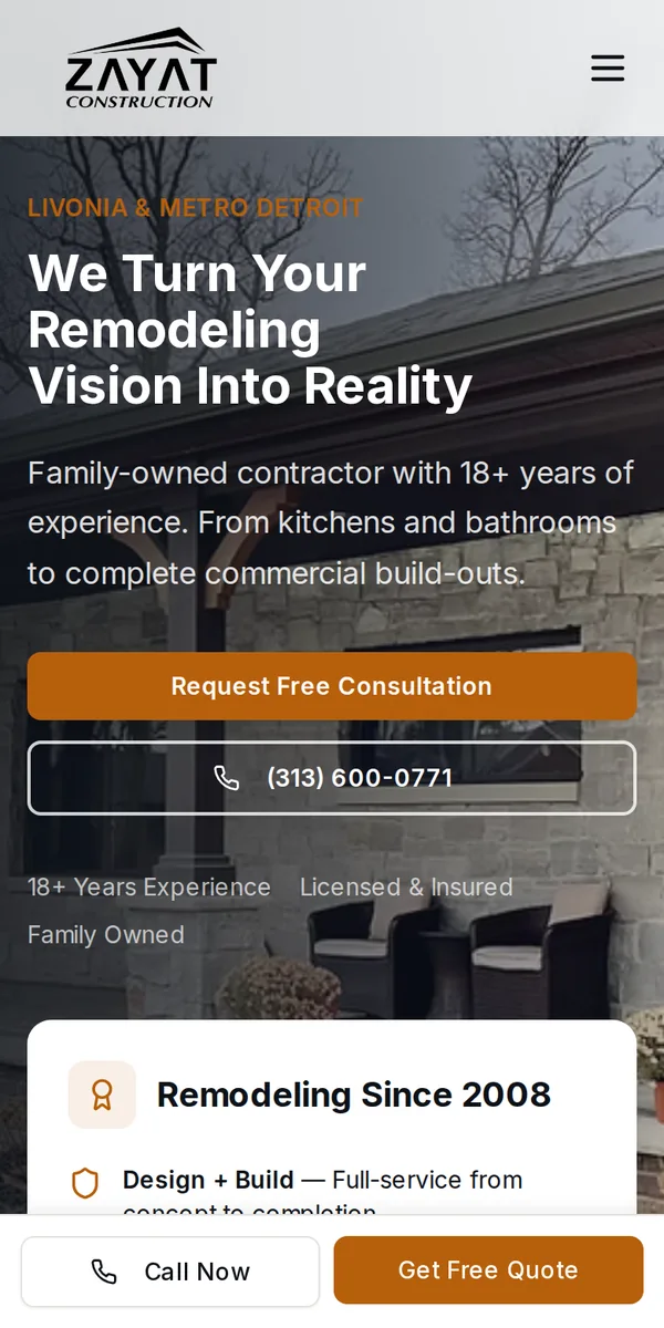 Zayat Construction homepage on mobile